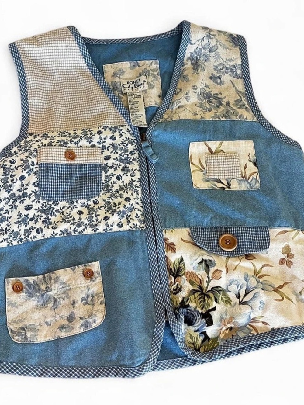 Koret City Blues Patchwork Vest Blue & Cream Size Small Like New
